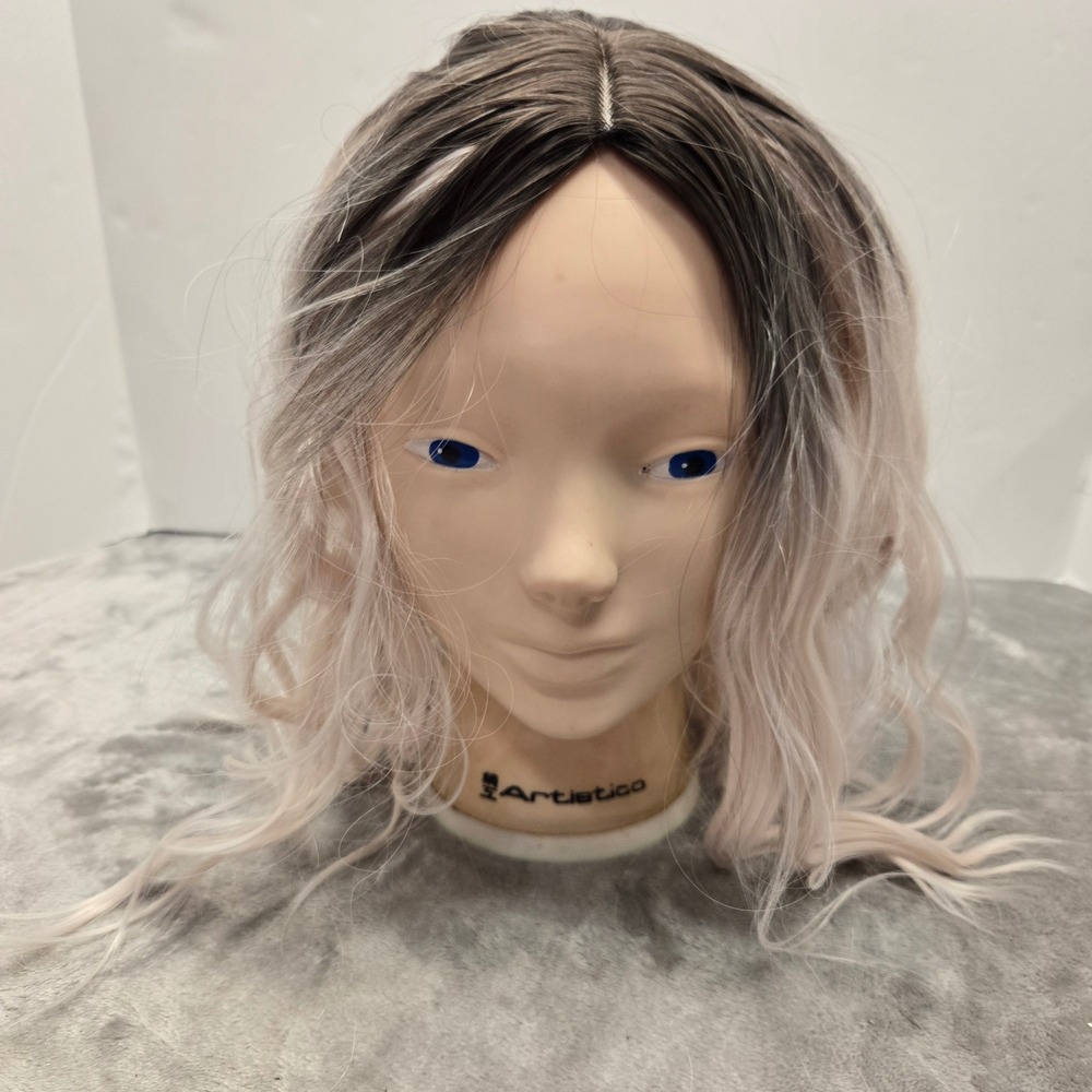 Wavy Ombre Wig Dark Brown Roots to Platinum Blonde Silver Shoulder Length Hair